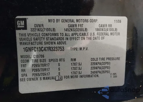 2007 Chevrolet Tahoe C1500 z USA, uszkodzony, nr VIN 1GNFC13C47R323753